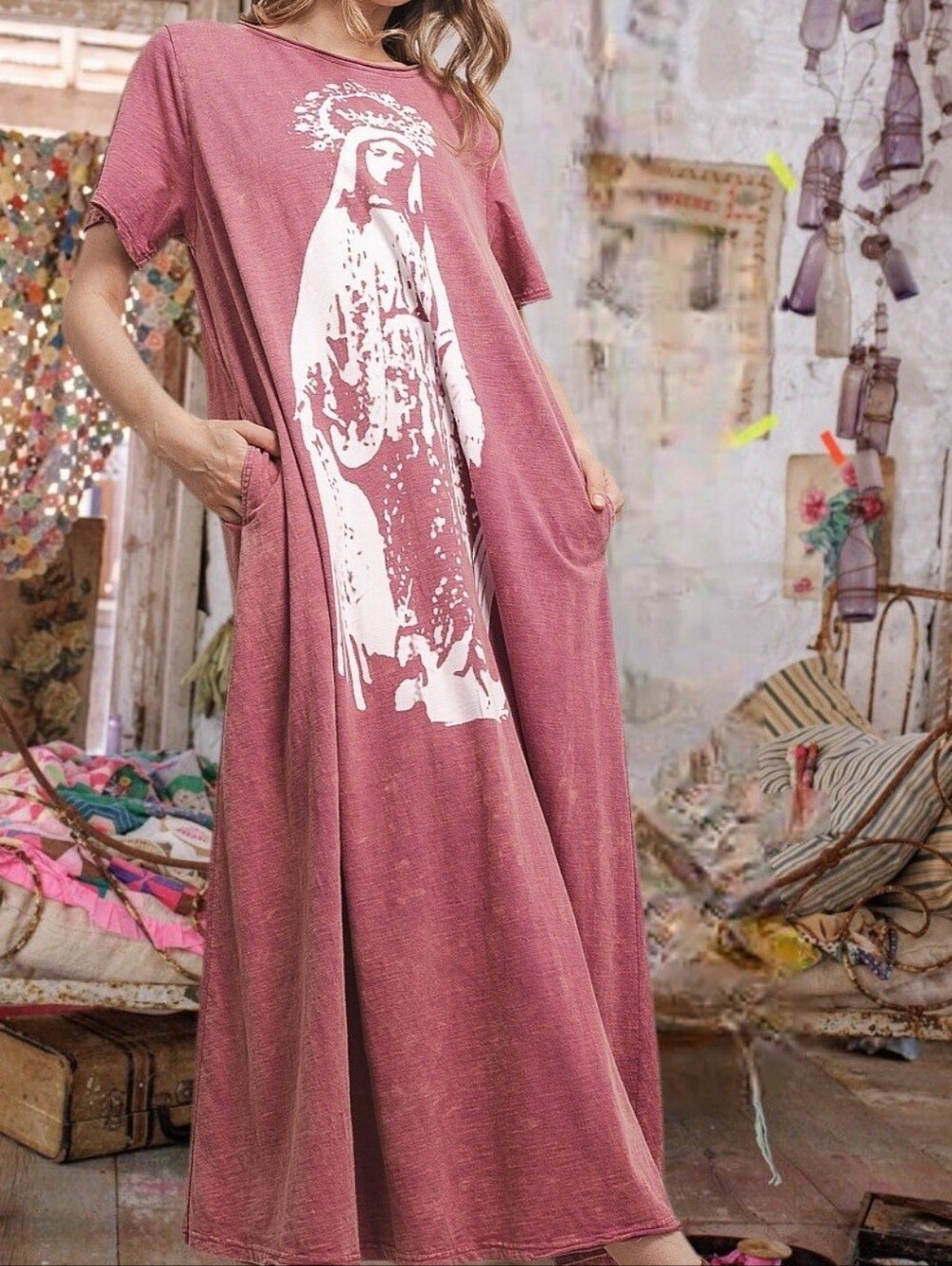 Magnolia Style Free Relaxed Mauve Graphic Long boho Cotton Dress with Pockets L - Picture 2 of 16